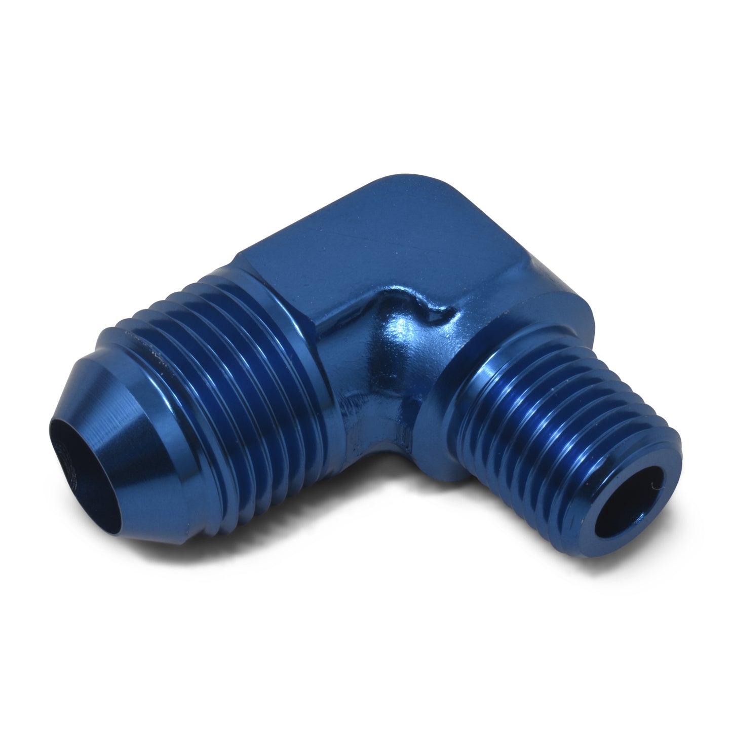 Russell Fitting - Adapter - 90 Degree - 8 AN Male to 1/2 in NPT Male - Aluminum - Blue Anodized - Each
