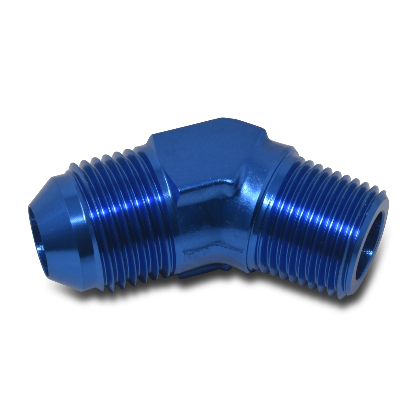 Russell Fitting - Adapter - 45 Degree - 8 AN Male to 3/8 in NPT Male - Aluminum - Blue Anodized - Each
