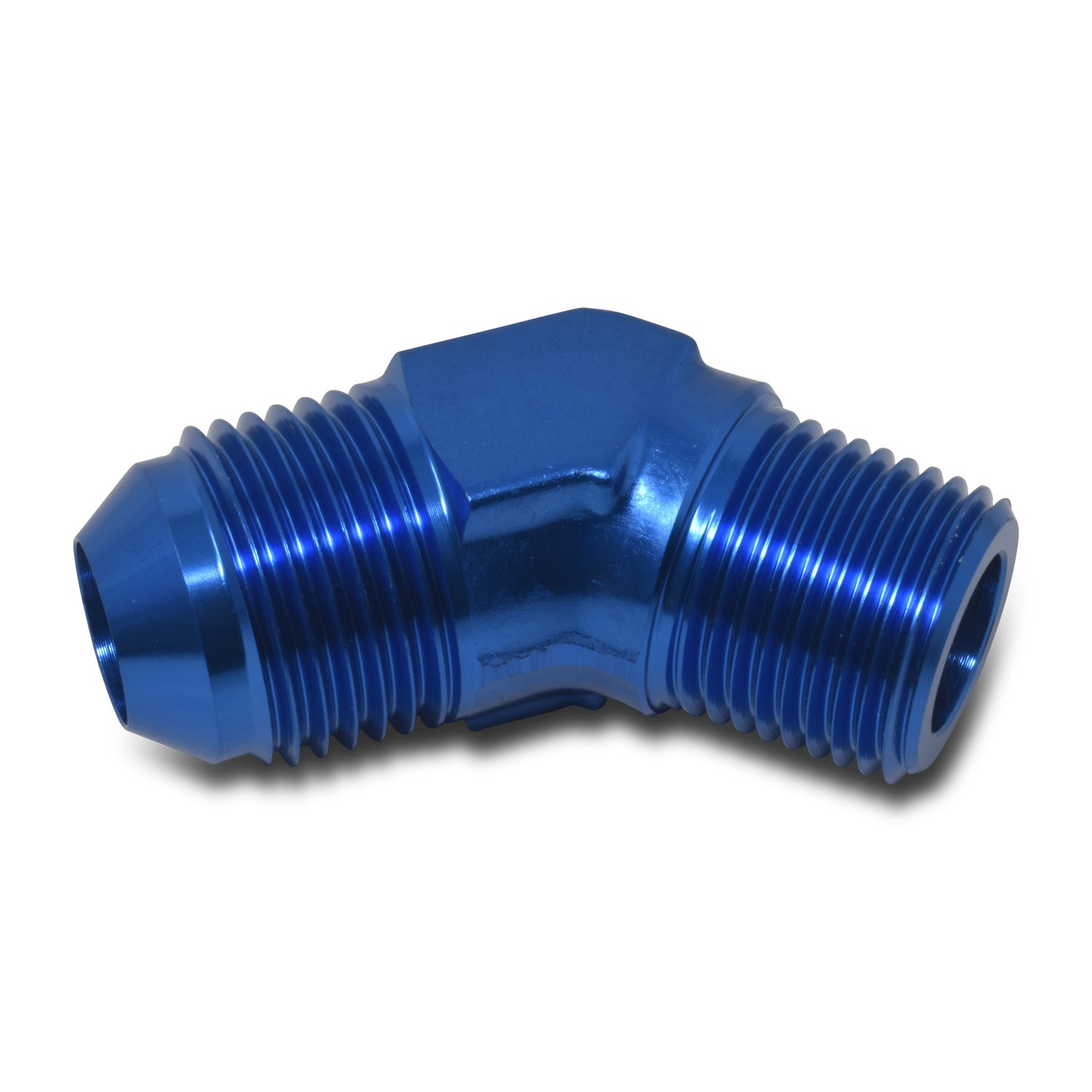 Russell Fitting - Adapter - 45 Degree - 8 AN Male to 3/8 in NPT Male - Aluminum - Blue Anodized - Each