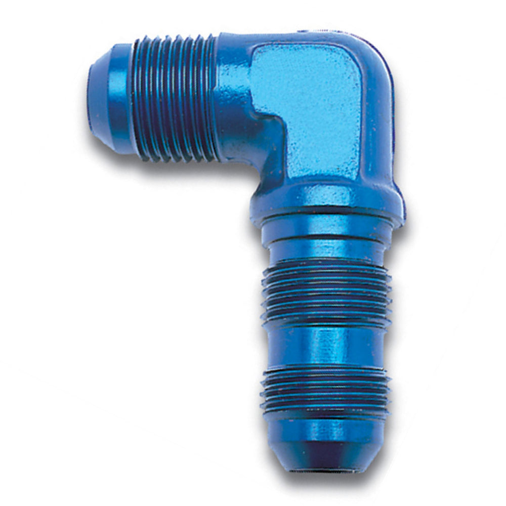 Russell Fitting - Bulkhead - 90 Degree - 6 AN Male to 6 AN Male Bulkhead - Aluminum - Blue Anodized - Each