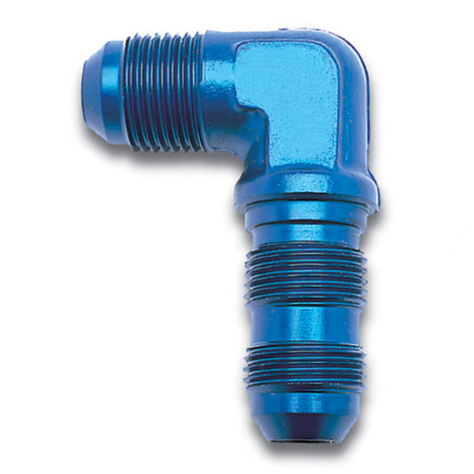 Russell Fitting - Bulkhead - 90 Degree - 6 AN Male to 6 AN Male Bulkhead - Aluminum - Blue Anodized - Each