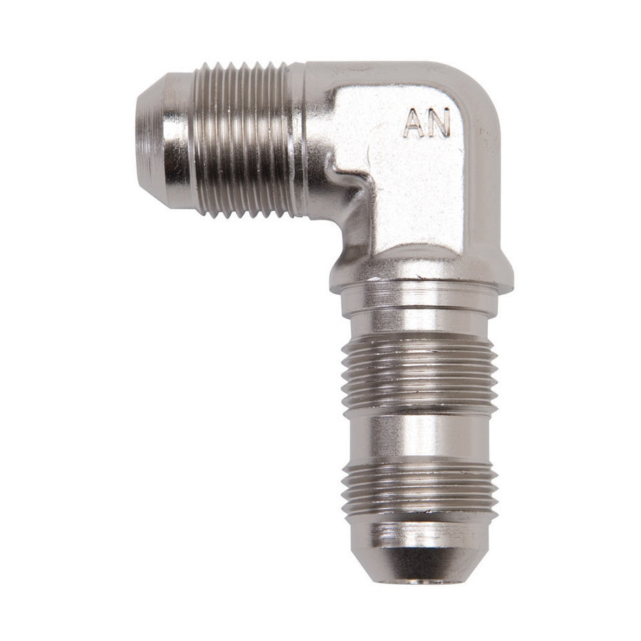 Russell Fitting - Bulkhead - 90 Degree - 6 AN Male to 6 AN Male Bulkhead - Aluminum - Nickel Anodized - Each