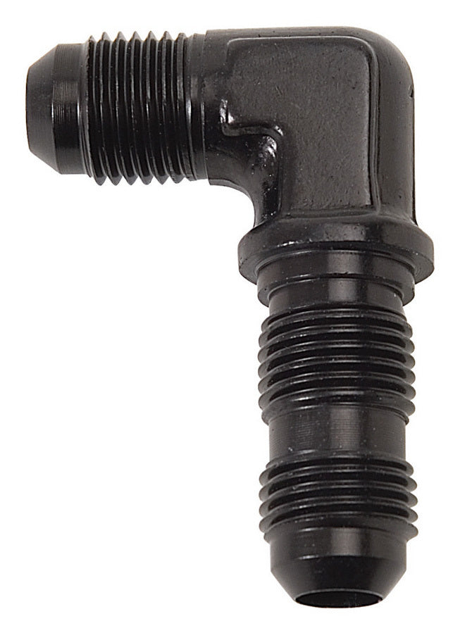 Russell Fitting - Bulkhead - 90 Degree - 6 AN Male to 6 AN Male Bulkhead - Aluminum - Black Anodized - Each
