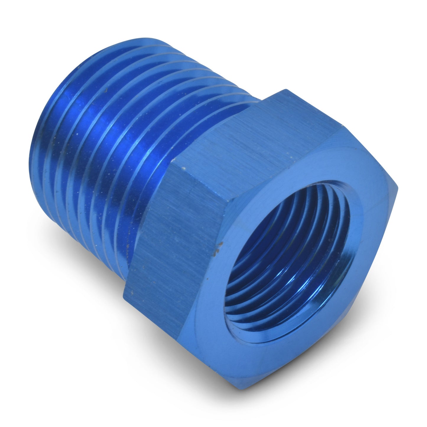 Russell Fitting - Bushing - 3/8 in NPT Male to 1/8 in NPT Female - Aluminum - Blue Anodized - Each