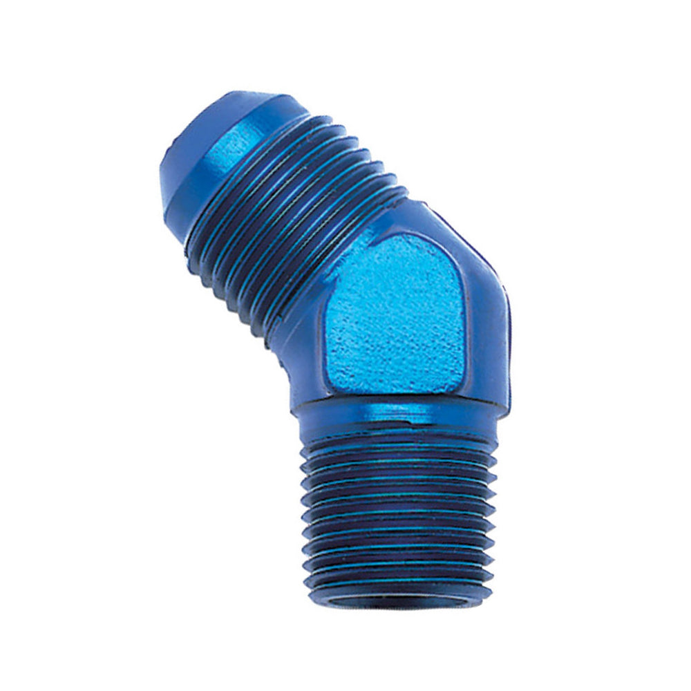 Russell Fitting - Adapter - 45 Degree - 6 AN Male to 3/8 in NPT Male - Aluminum - Blue Anodized - Each