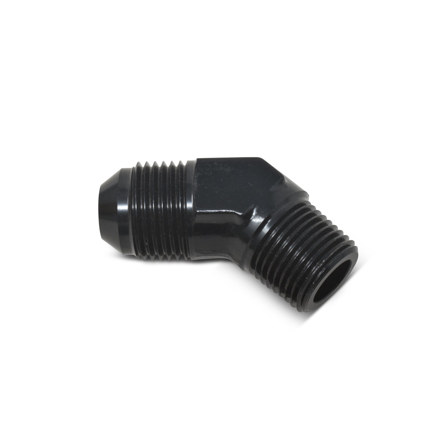 Russell Fitting - Adapter - 45 Degree - 6 AN Male to 3/8 in NPT Male - Aluminum - Black Anodized - Each