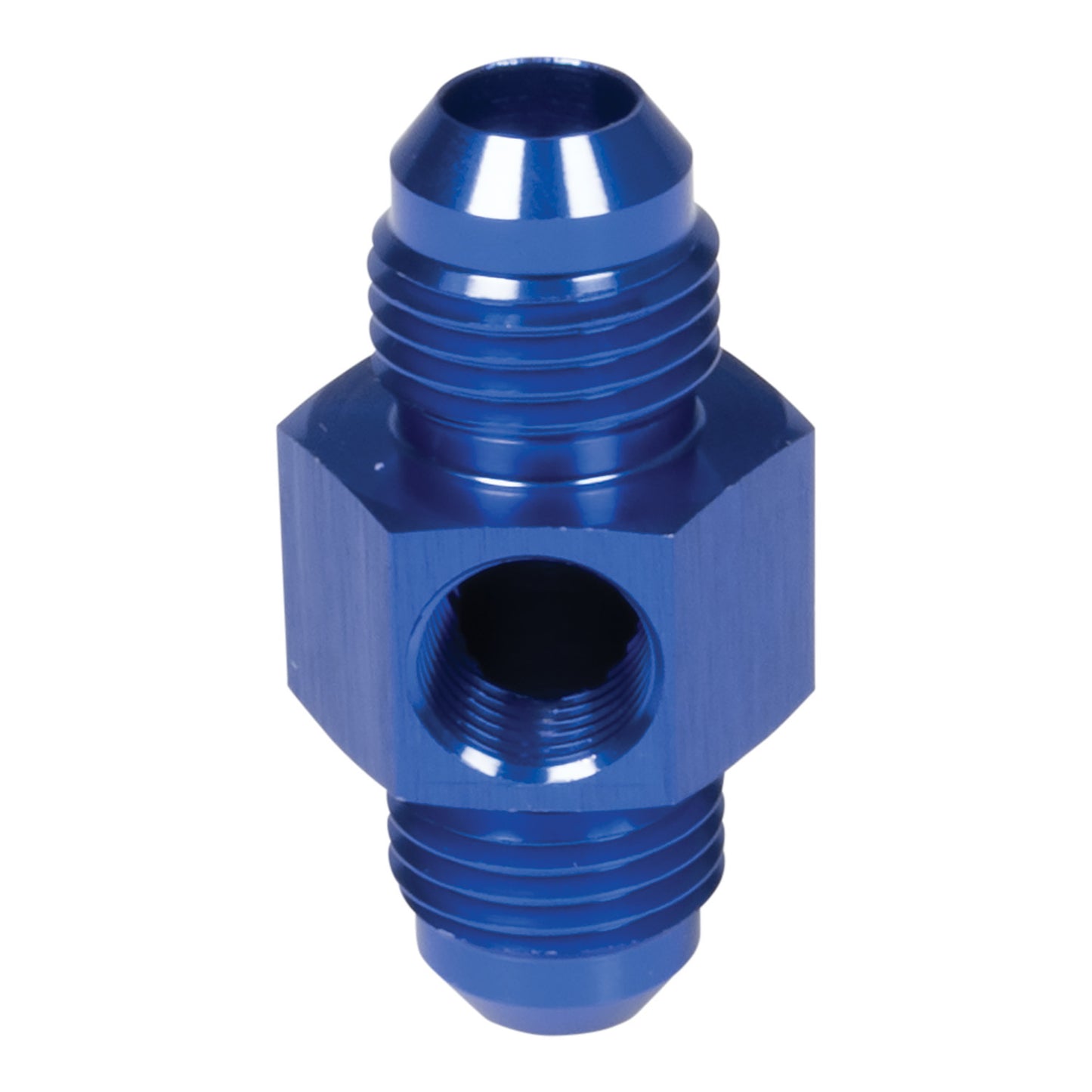 Russell Fitting - Gauge Adapter - Straight - 6 AN Male to 6 AN Male - 1/8 in NPT Gauge Port - Aluminum - Blue Anodized