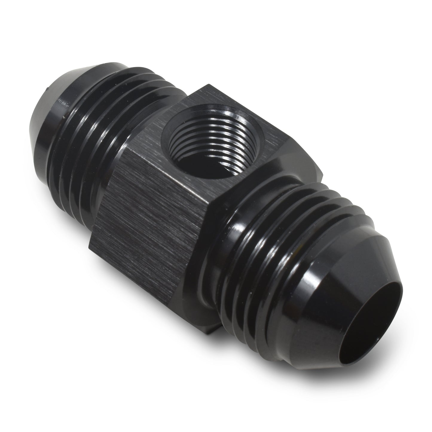 Russell Fitting - Gauge Adapter - Straight - 8 AN Male to 8 AN Male - 1/8 in NPT Gauge Port - Aluminum - Black