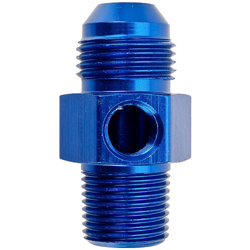 Russell Fitting - Gauge Adapter - Straight - 6 AN Male to 3/8 in NPT Male - 1/8 in NPT Gauge Port - Aluminum - Blue