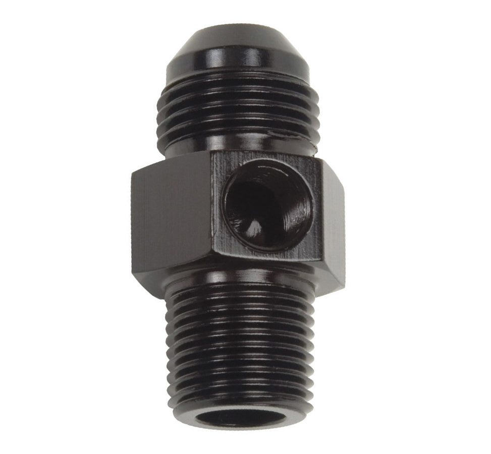 Russell Fitting - Gauge Adapter - Straight - 8 AN Male to 3/8 in NPT Male - 1/8 in NPT Gauge Port - Aluminum - Black