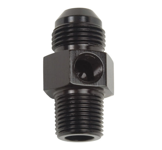 Russell Fitting - Gauge Adapter - Straight - 8 AN Male to 3/8 in NPT Male - 1/8 in NPT Gauge Port - Aluminum - Black