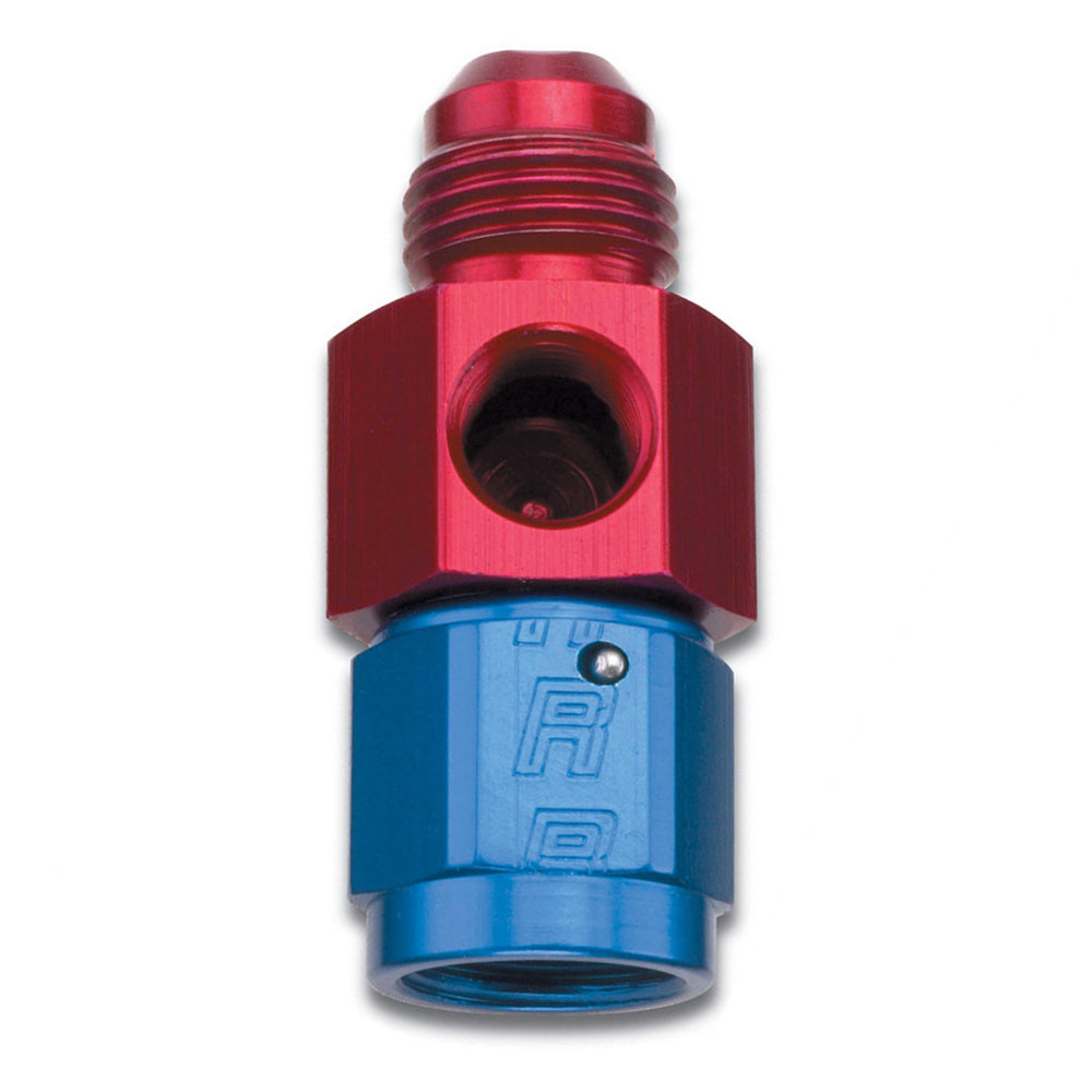 Russell Fitting - Gauge Adapter - Straight - 4 AN Female to 4 AN Male - 1/8 in NPT Gauge Port - Aluminum - Blue / Red