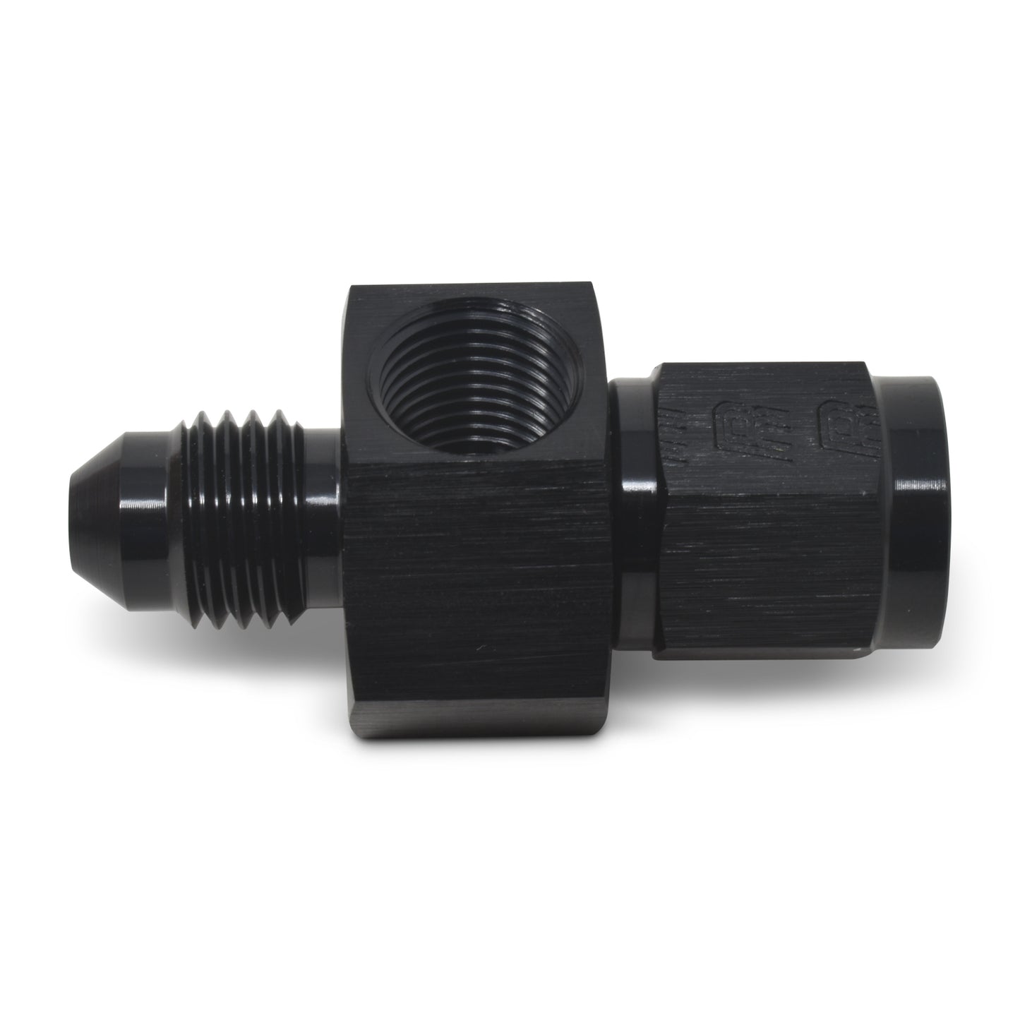 Russell Fitting - Gauge Adapter - Straight - 4 AN Female to 4 AN Male - 1/8 in NPT Gauge Port - Aluminum - Black