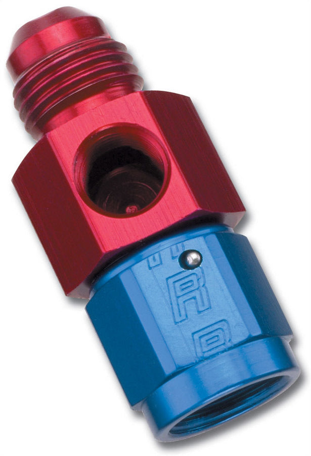 Russell Fitting - Gauge Adapter - Straight - 8 AN Male to 8 AN Female - 1/8 in NPT Gauge Port - Aluminum - Blue / Red