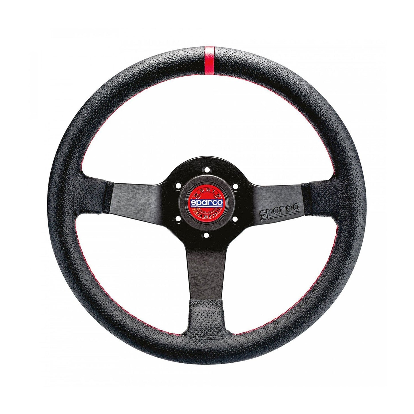 Sparco Steering Wheel - Champion - 330 mm Diameter - 66 mm Dish - 3-Spoke - Black Leather Grip - Red Stripe - Aluminum
