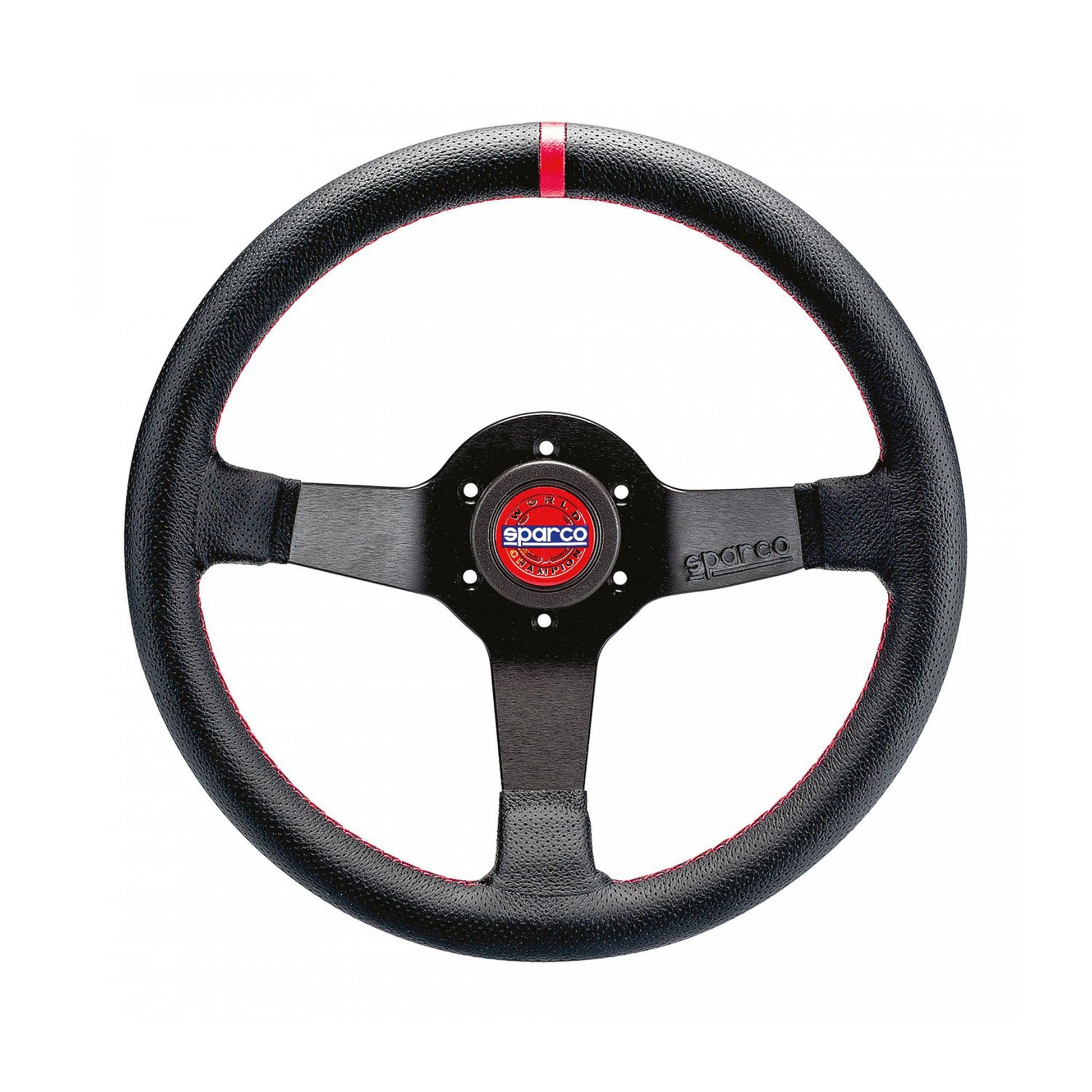 Sparco Steering Wheel - Champion - 330 mm Diameter - 66 mm Dish - 3-Spoke - Black Leather Grip - Red Stripe - Aluminum