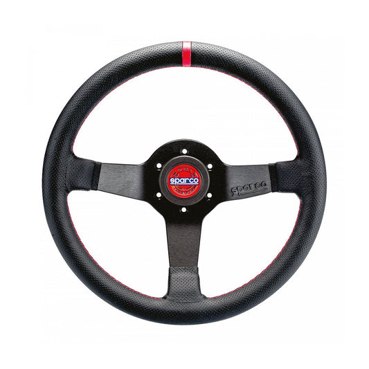 Sparco Steering Wheel - Champion - 330 mm Diameter - 66 mm Dish - 3-Spoke - Black Leather Grip - Red Stripe - Aluminum