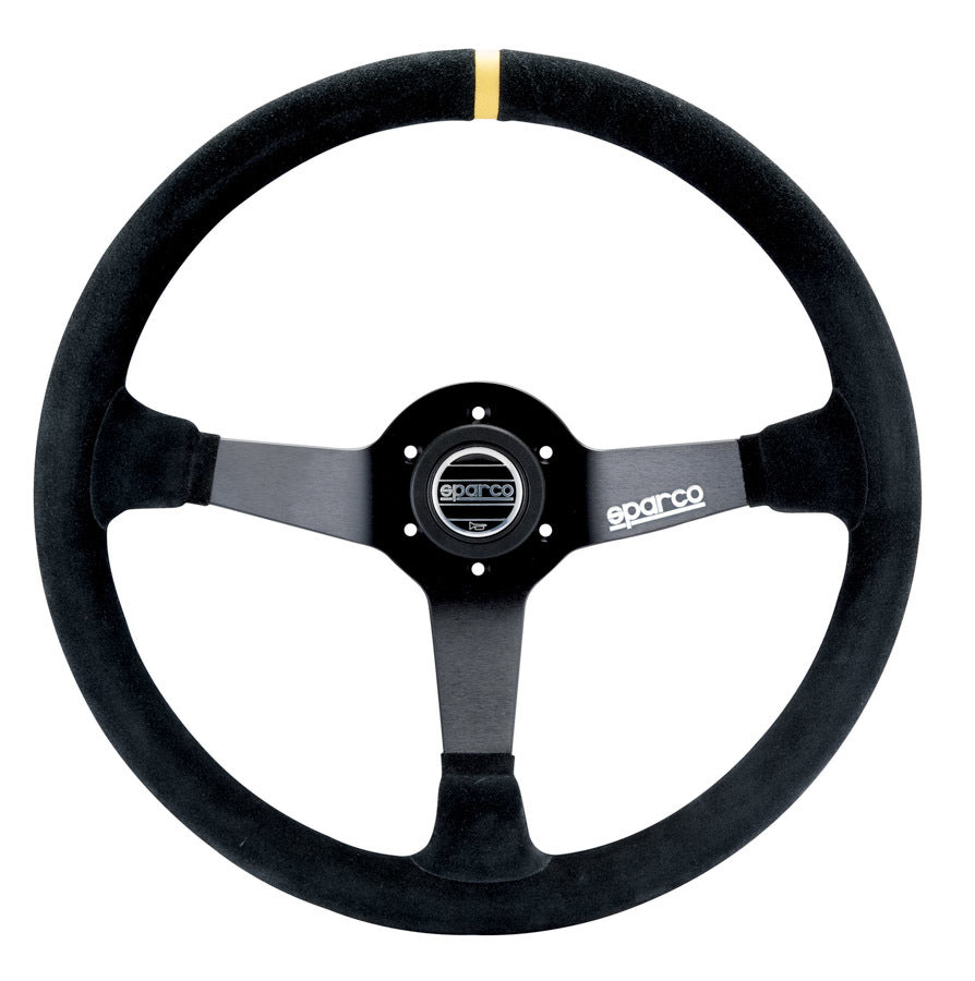 Sparco Steering Wheel - R345 - 350 mm Diameter - 63 mm Dish - 3-Spoke - Black Suede Grip - Yellow Stripe - Aluminum -