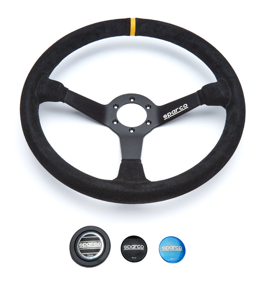 Sparco Steering Wheel - R 386 - 380 mm Diameter - 65 mm Dish - 3-Spoke - Black Suede Grip - Yellow Stripe - Aluminum -
