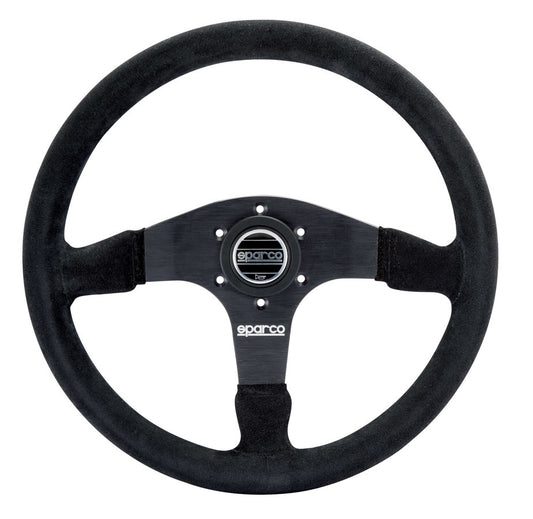 Sparco Steering Wheel - R375 - 350 mm Diameter - 36 mm Dish - 3-Spoke - Black Suede Grip - Aluminum - Black Anodized -