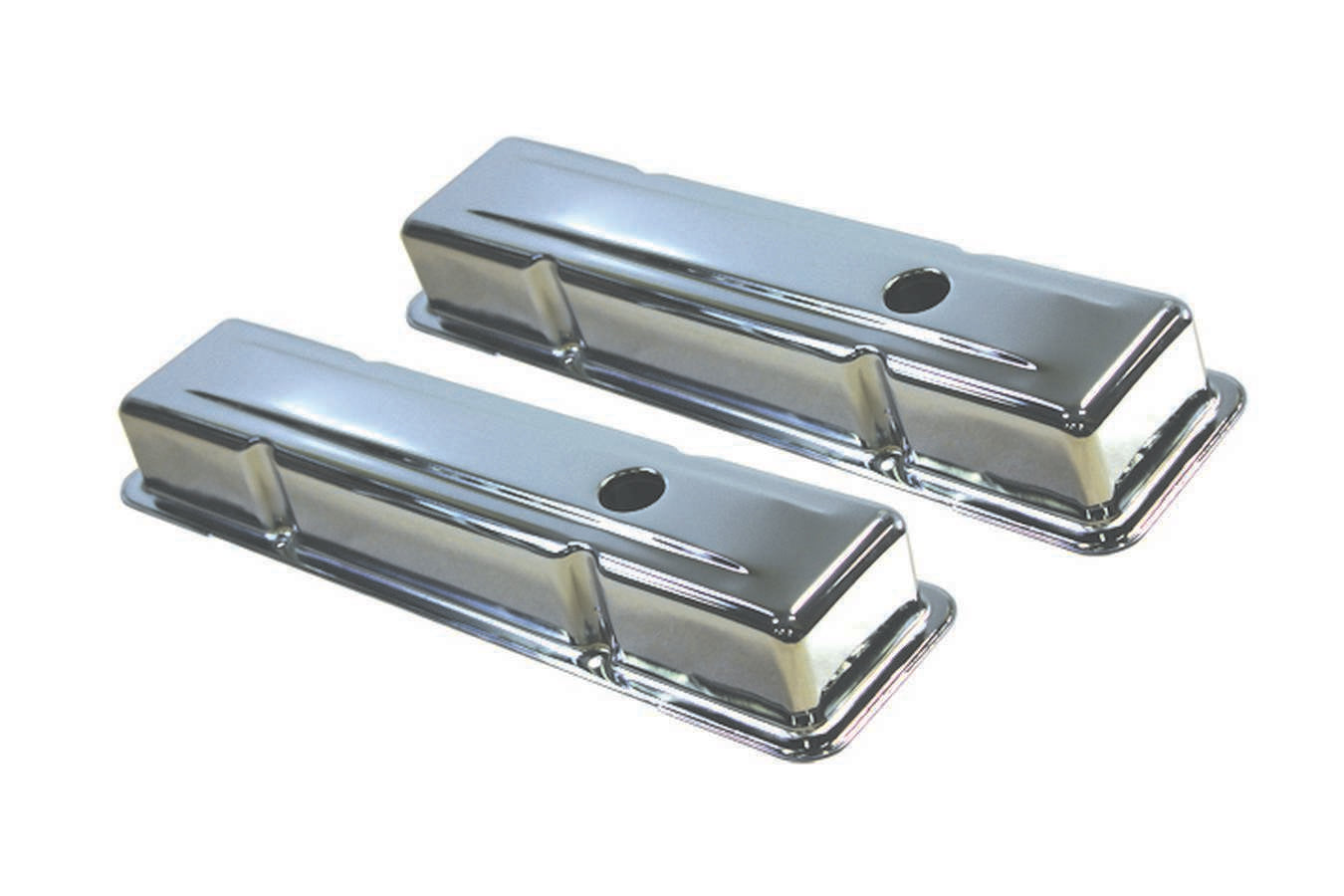 Specialty Products Company Valve Cover - Stock Height - Baffled - Breather Holes - Steel - Chrome - Small Block Chevy