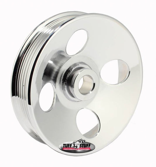 Tuff-Stuff Power Steering Pump Pulley - Serpentine - 6-Rib - Press-On - 4.98 in Diameter - Steel - Chrome - Tuff Stuff