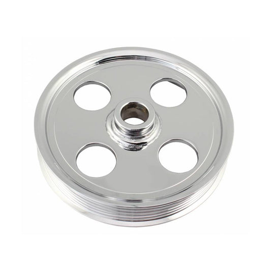 Tuff-Stuff Power Steering Pump Pulley - Serpentine - 6-Rib - Press-On - 5.25 in Diameter - Steel - Chrome - Tuff Stuff