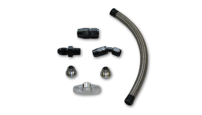 Vibrant Performance Turbocharger Oil Drain - Bolt-On 1/2 in NPT Female Flange - 20 in Braided Stainless Hose / Bungs /