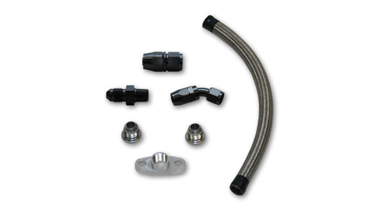 Vibrant Performance Turbocharger Oil Drain - Bolt-On 1/2 in NPT Female Flange - 20 in Braided Stainless Hose / Bungs /