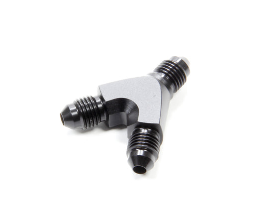 Vibrant Performance Fitting - Y Block - 4 AN Male Inlet - Dual 4 AN Male Outlets - Aluminum - Black Anodized - Each