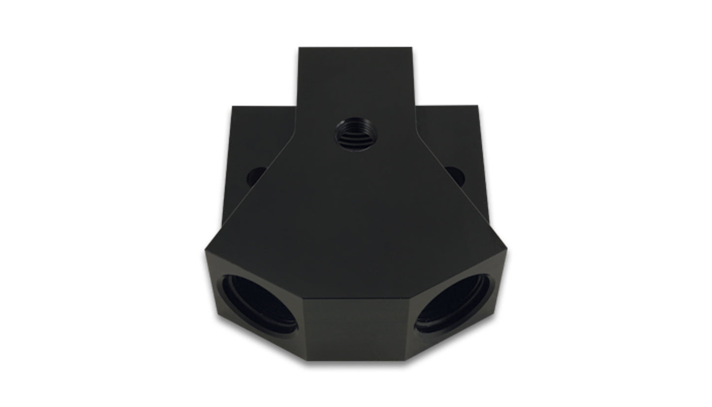 Vibrant Performance Fitting - Y Block - 8 AN Female Inlet - Dual 8 AN Female Outlets - 1/8 in NPT Female Port -