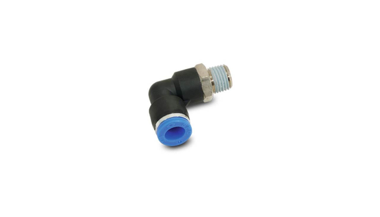 Vibrant Performance Fitting - Adapter - 90 Degree - 1/16 in NPT Male to 1/4 in Female Pushlock - Plastic - Black - Each