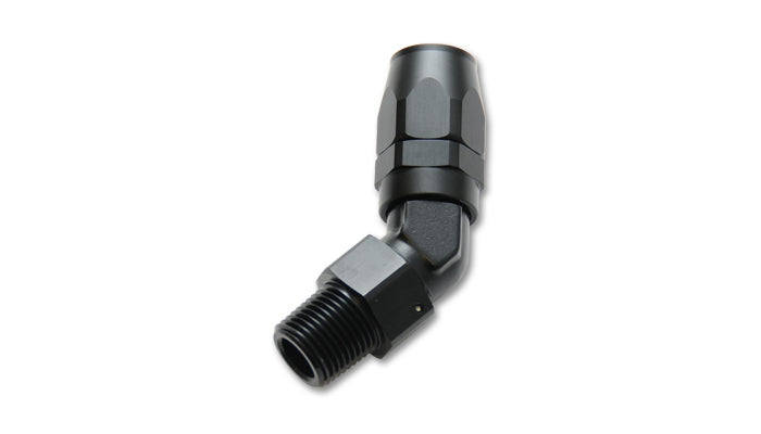 Vibrant Performance Fitting - Hose End - 45 Degree - 10 AN Hose to 1/2 in NPT Male - Aluminum - Black Anodized - Each