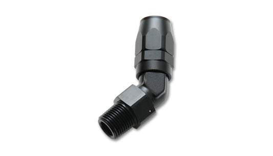 Vibrant Performance Fitting - Hose End - 45 Degree - 10 AN Hose to 1/2 in NPT Male - Aluminum - Black Anodized - Each