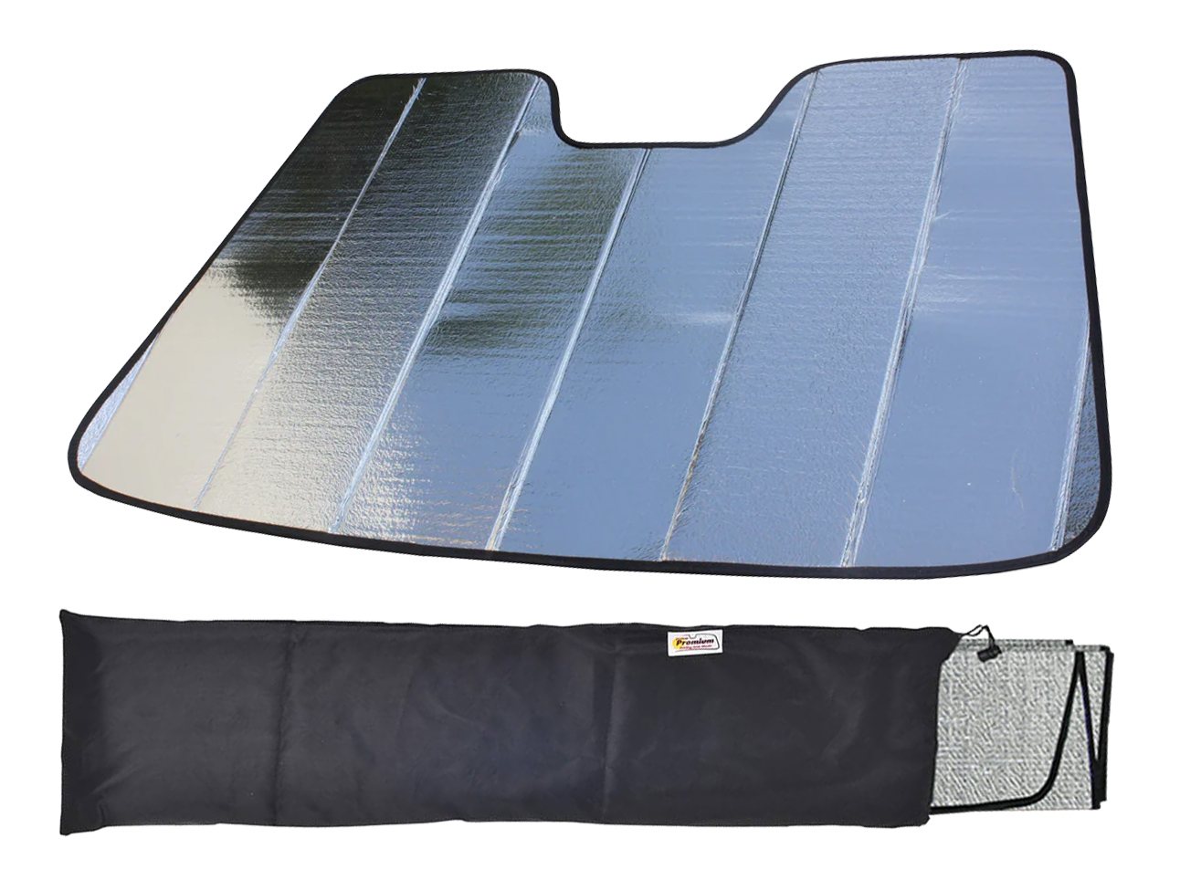 Premium Folding Sun Shade folded beside its storage bag